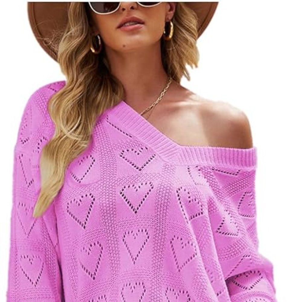 Women V Neck Sweater Crochet Long Sleeve Knit Pullover Heart Shape - Picture 2 of 6
